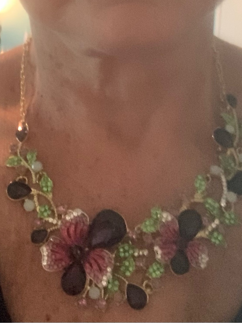 Green & Pink Floral Statement Necklace with Gold-Tone Accents